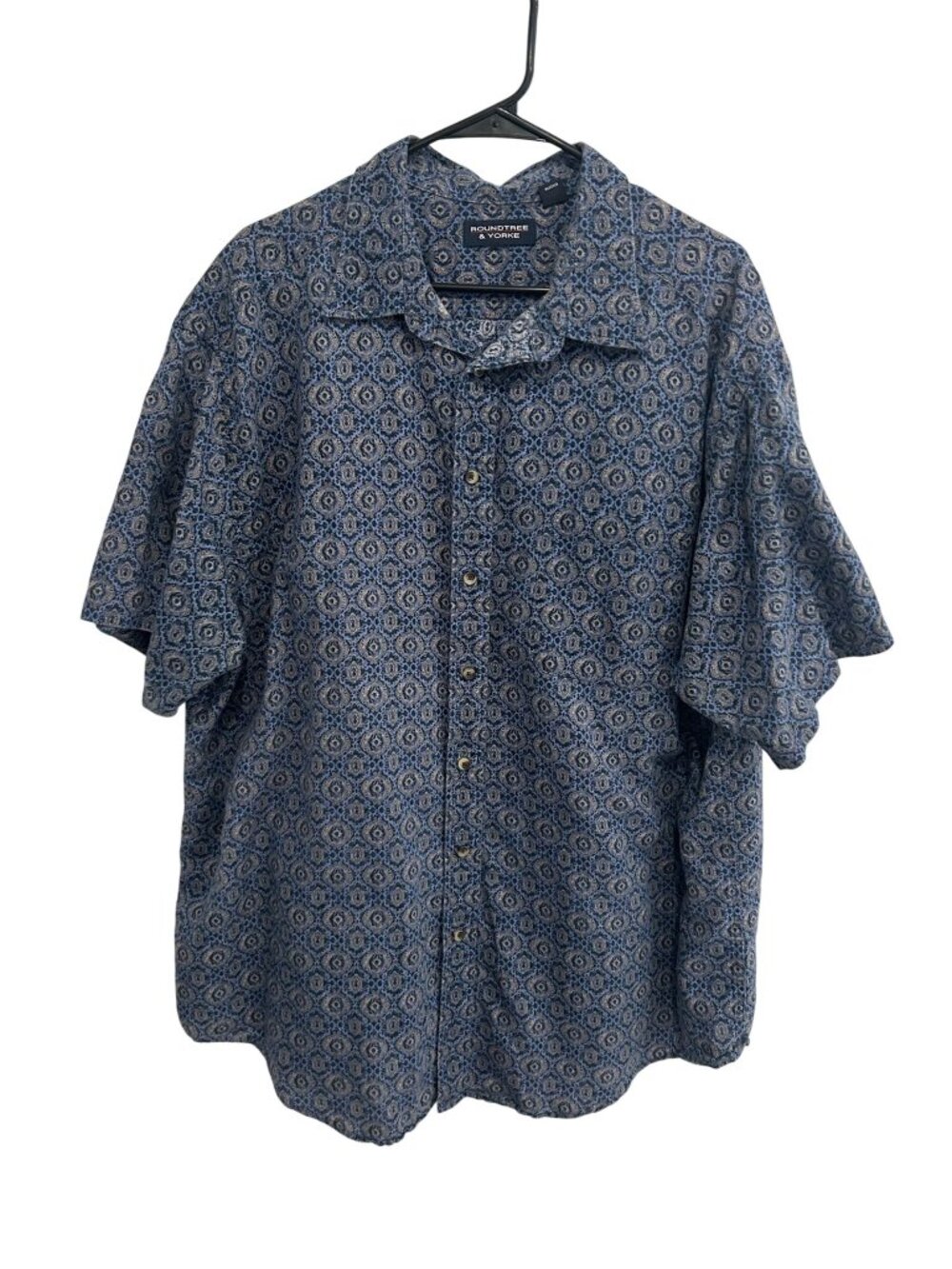 Roundtree & Yorke Mens Blue Geometric Linen Button-Up Shirt 2XB Retro Minimalist